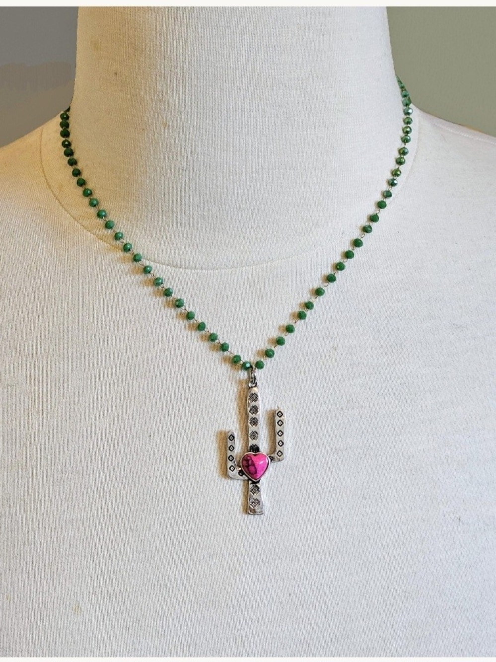 Western Desert Saguaro Cactus Necklace with Green Jeweled Chain